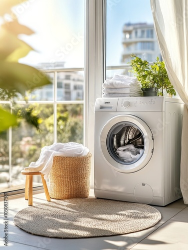 A white washing machine is placed on the balcony, surrounded by clean and simple home decor. The background