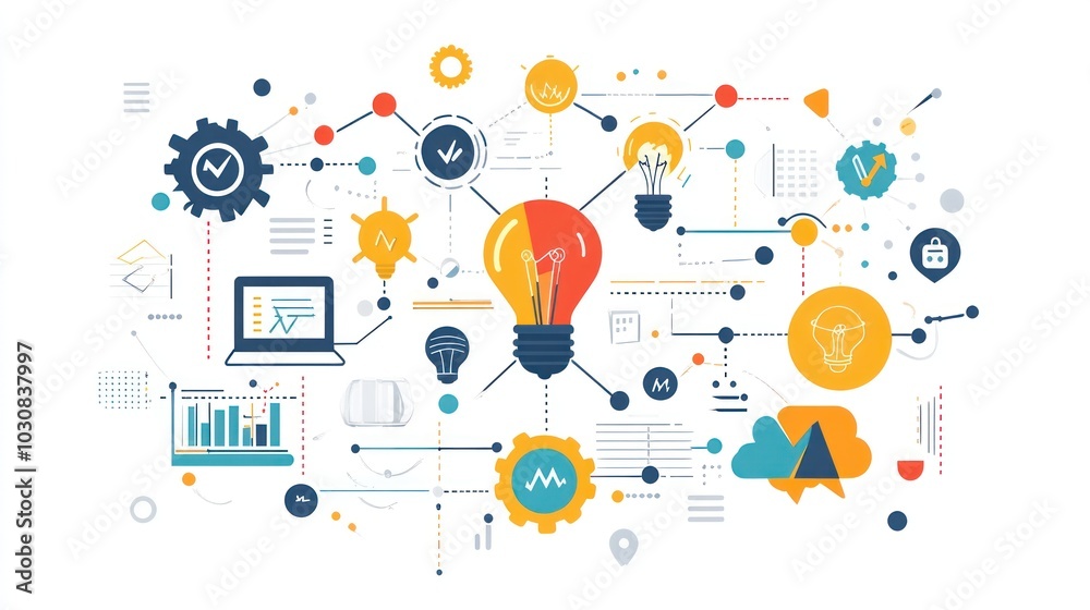 A colorful illustration of a lightbulb with connected gears, charts, and other icons representing ideas and innovation. A colorful illustration of a lightbulb with connected gears, charts, and other icons representing ideas and innovation.