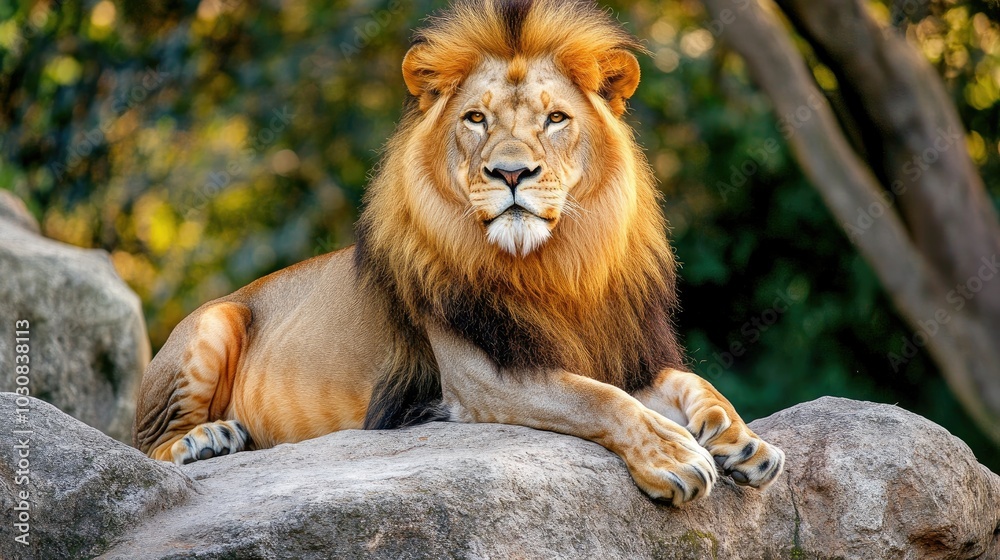 Naklejka premium a male lion sitting on a rock