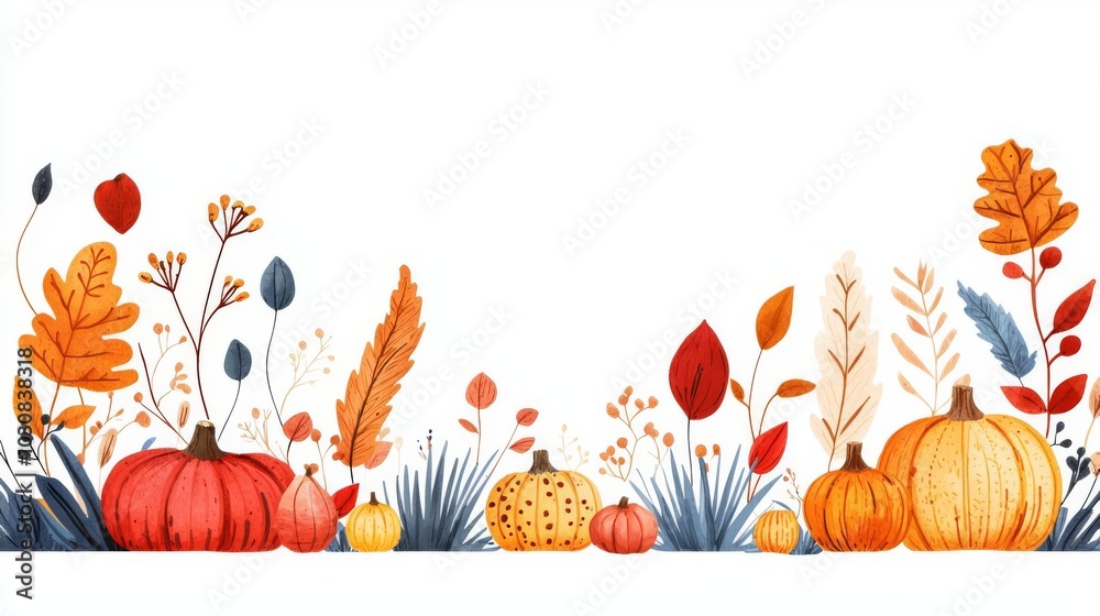 Fototapeta premium A vibrant autumn scene featuring colorful pumpkins, leaves, and botanical elements, perfect for seasonal designs and decorations.