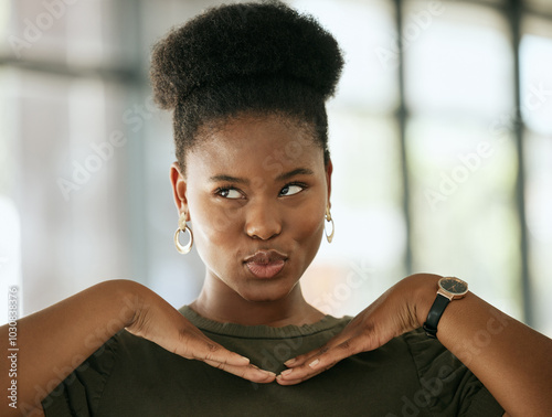 Business, woman and thinking with pout in office for career confidence, creative internship and pride. Professional, black person and employee with goofy personality in workplace for startup agency