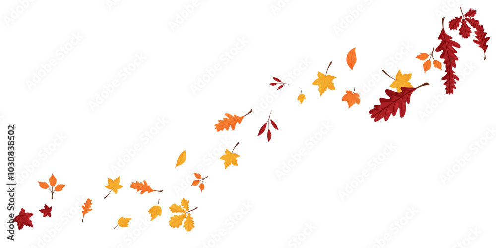 Wave of falling leaves. Leaf fall. Autumn falling leaves on a transparent background.