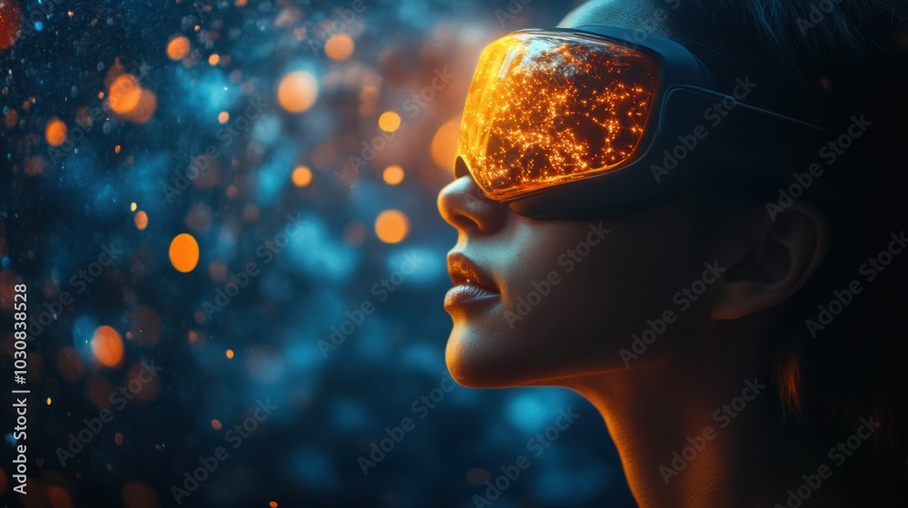 Immersive experience in a virtual world, showcasing a young woman lost in digital wonder under a cosmic glow Immersive experience in a virtual world, showcasing a young woman lost in digital wonder under a cosmic glow