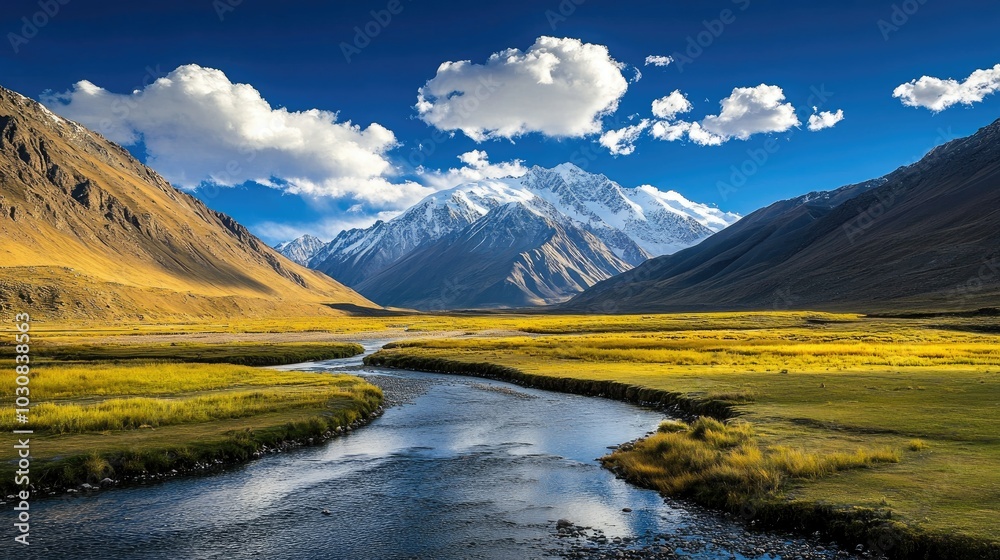 Fototapeta premium a mountain range with a river running through it and a few clouds in the sky