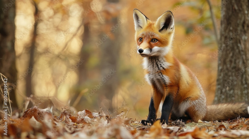 Fototapeta premium fox sits attentively in the woods