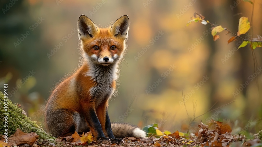 Naklejka premium fox sits attentively in the woods 