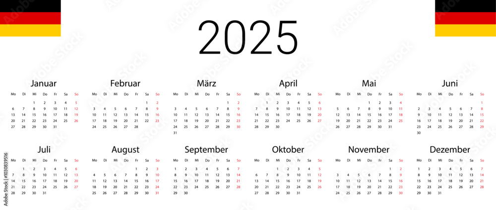 Germany 2025 calendar. Vector design template start from monday. Full months for wall calendar