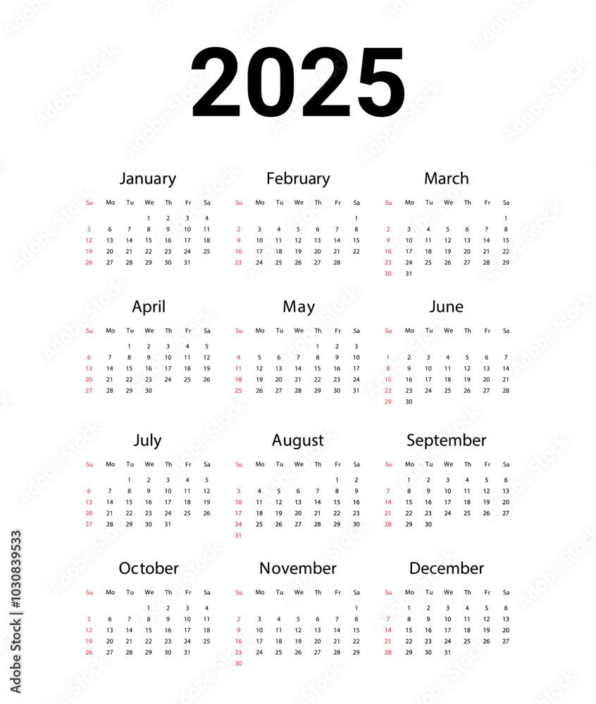 USA 2025 calendar. English Vector design template start from Sunday. Full for wall calendar