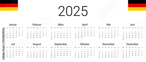 Obraz na płótnie Germany 2025 calendar. Vector design template start from monday. Full months for wall calendar w salonie