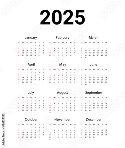 Obraz na płótnie USA 2025 calendar. English Vector design template start from Sunday. Full for wall calendar w salonie