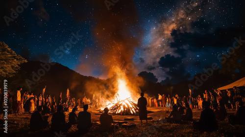 Hornbill Festival at night, a large bonfire burning in the middle, participants in traditional clothes gather around the bonfire, Ai generated images photo