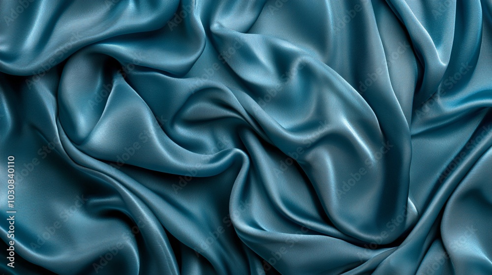 Fototapeta premium Luxurious teal silk fabric with soft folds and creases, creating a sensual and elegant texture. Close-up view showcases the smooth, glossy surface of the material.