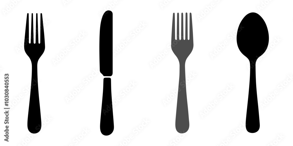 Fototapeta premium Cutlery silhouettes. Fork spoon knife black icons, silverware silhouettes on white background. Vector cutlery set for serving illustration, Fork, knife, spoon and plate set icons. Tableware set flat