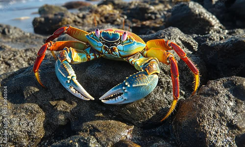 A Colorful Crab on a Black Lava Rock A Colorful Crab on a Black Lava Rock
