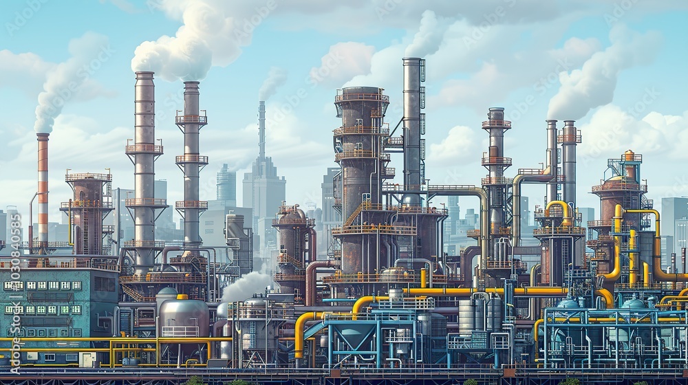 Industrial background featuring an exterior view of a factory, with intricate pipes and ducts, set against buildings and smokestacks. Oil refinery, chemical industry, illustration. High resolution Industrial background featuring an exterior view of a factory, with intricate pipes and ducts, set against buildings and smokestacks. Oil refinery, chemical industry, illustration. High resolution