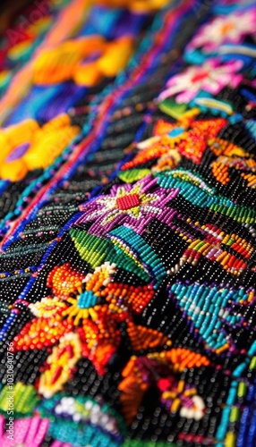 Vibrant Indigenous Beadwork Design on Ceremonial Garment for Cultural Celebration Posters
