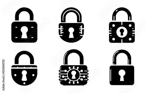 Black isolated icon of locked and unlocked lock on white background. Set of Silhouette of locked and unlocked padlock. Flat design, Set of lock icon, Lock icon with long shadow, white isolated