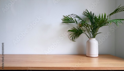 Kitchen wooden countertop on white wall background. Minimalistic room with tabletop and plant in vase for product presentation. Closeup mockup.