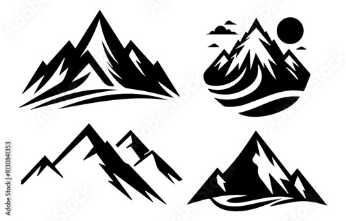 Mountains icons, Mountain Peaks, mountain icon black with white silhouette, Mountain Drawing Symbol Designs