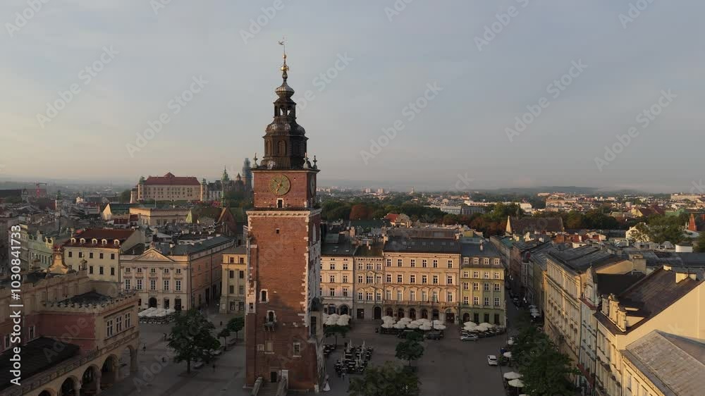 Aerial view of Town Hall Tower on Market Square in central historical tourist part of Krakow at sunset, Poland