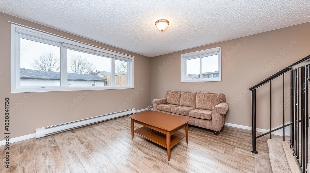 Fototapeta premium Stylish basement retreat featuring light wood floors, modern decor, and a cozy atmosphere for relaxation and entertaining