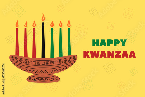 Happy Kwanzaa holiday poster. Horizontal vector illustration of African kinara Kwanzaa symbol and text on yellow background. Seven lit candles in holder with traditional ornament