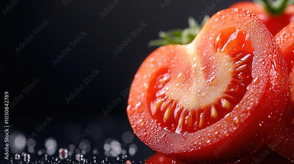 Close-up of fresh, sliced tomatoes with water droplets. Close-up of fresh, sliced tomatoes with water droplets.
