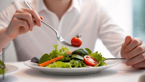 Close-Up of Healthy Eating Candid Photograph of a Person with Light Skin Holding a Fork to Pick Up a Cherry Tomato from a Fresh Salad, Diet photo