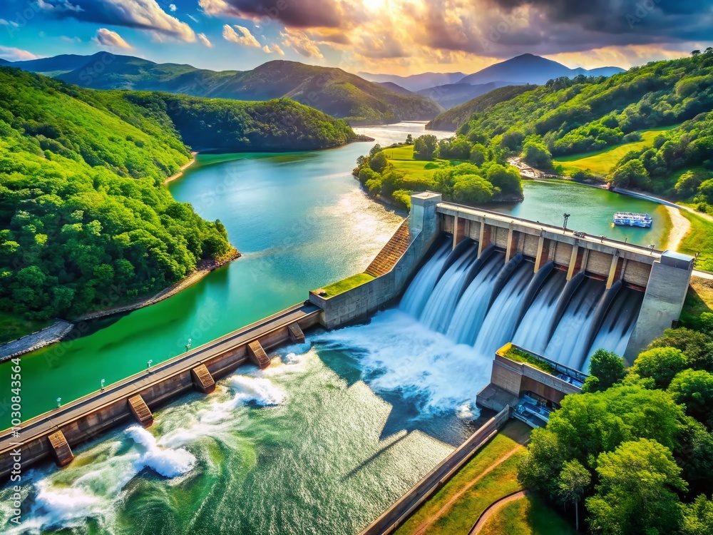 Fototapeta premium Renewable Energy Revolution: Reservoir Hydropower Plant Generating Electricity During Daylight