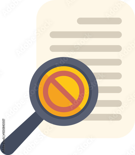 Magnifying glass is showing a forbidden sign on a document, representing the concept of plagiarism