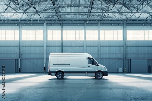  A sleek white delivery van parked inside a spacious, white warehouse with large windows.Ideal for themes related to delivery services, cargo transport, and warehouse management.