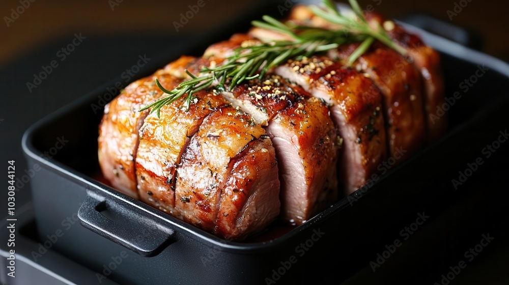 Roasted meat with rosemary and spices in a black baking dish. Roasted meat with rosemary and spices in a black baking dish.