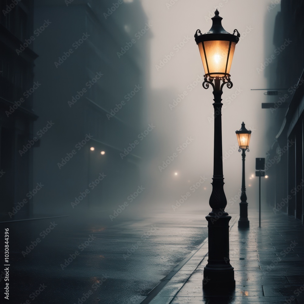 A foggy street with two lit lampposts and blurry buildings in the background. A foggy street with two lit lampposts and blurry buildings in the background.