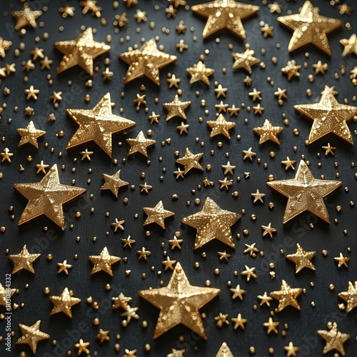 textured gold stars set against a dark background, creating a striking contrast. The shiny metallic stars in various sizes exude a luxurious and festive atmosphere.