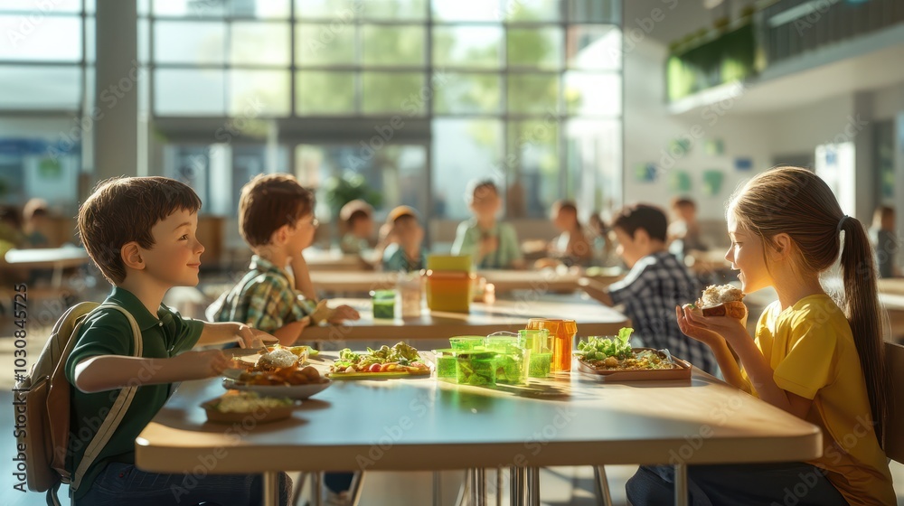 Children having lunch during break time in school cafeteria Children having lunch during break time in school cafeteria