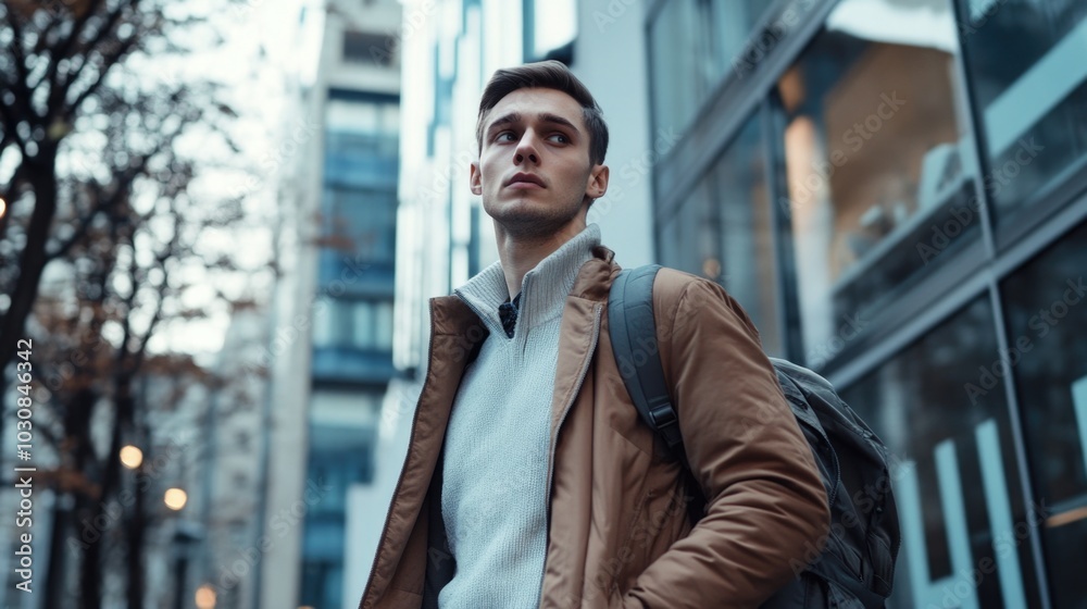 Fototapeta premium Man with backpack outside building