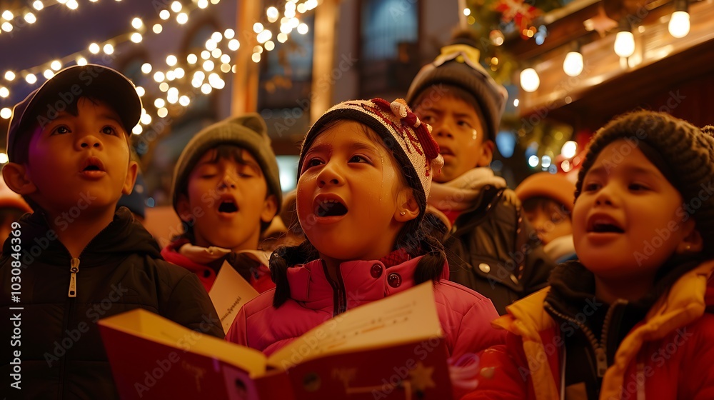 A group of Colombian children singing Christmas carols (villancicos) on a cozy street, with brightly lit decorations and a nativity scene in the background, capturing the joyful spirit of the holiday A group of Colombian children singing Christmas carols (villancicos) on a cozy street, with brightly lit decorations and a nativity scene in the background, capturing the joyful spirit of the holiday