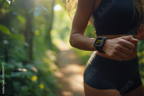 a person jogging in the woods, tracking via their smart watch