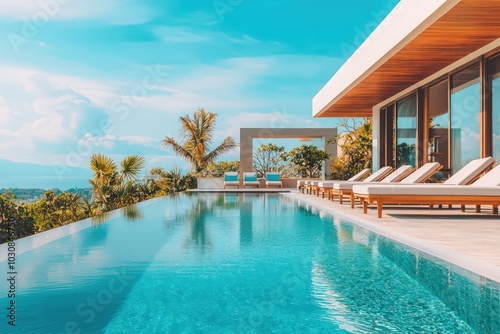 Luxury tropical villa featuring a pool and lounge chairs under a clear blue sky.