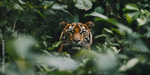 Tigre de Bengala repousando em uma selva exuberante photo