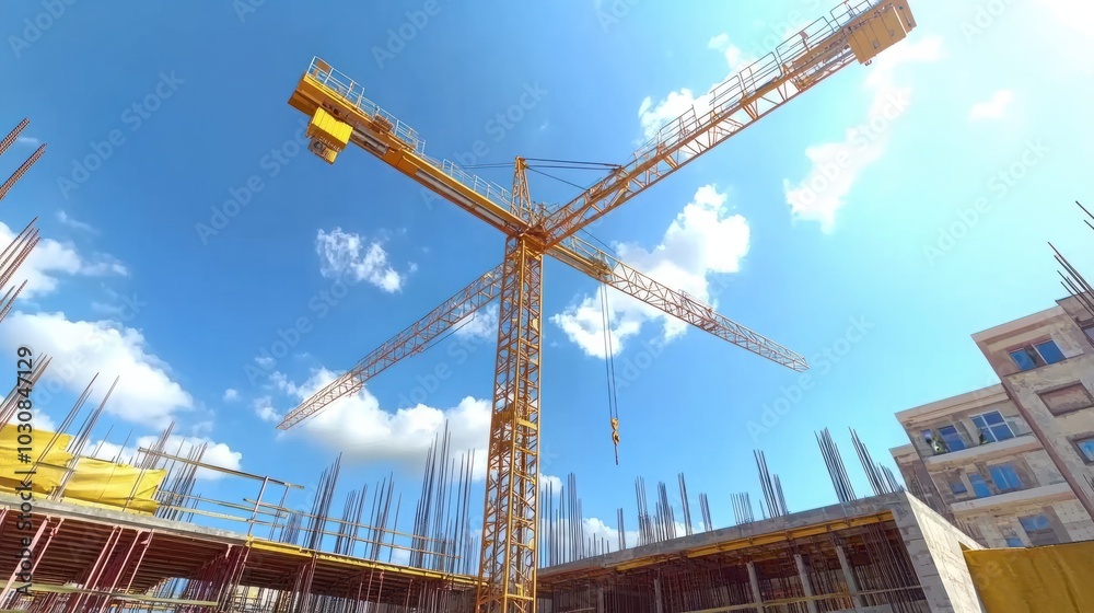Crane and building construction site against blue sky Crane and building construction site against blue sky
