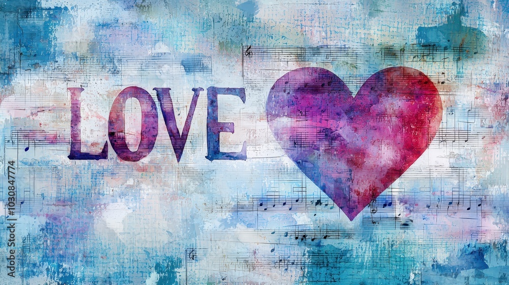 Obraz premium A vibrant piece of art features the word love prominently alongside a heart, set against a textured background filled with musical notes and splashes of color