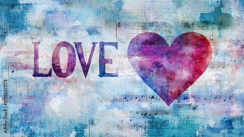 Wallpaper Mural A vibrant piece of art features the word love prominently alongside a heart, set against a textured background filled with musical notes and splashes of color Torontodigital.ca