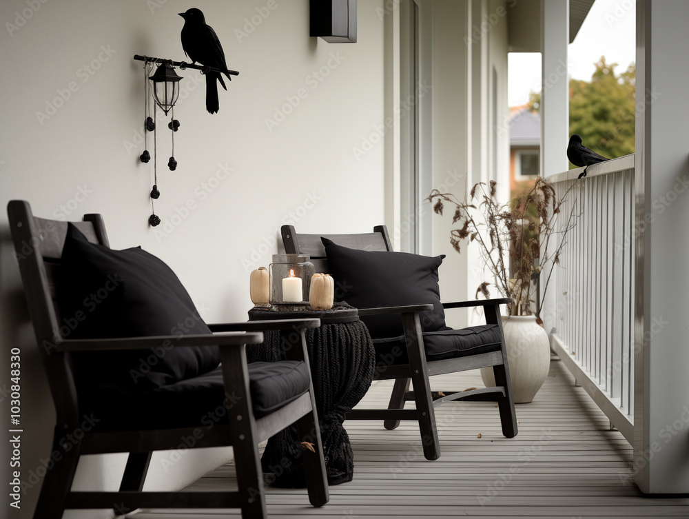 Fototapeta premium Porch decorated for halloween and fall. Outdoors sofa outside wooden house with halloween decor. 