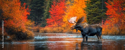 Majestic moose standing in shallow water with vibrant autumn foliage, showcasing the beauty the fall season photo