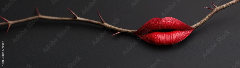 Red lips delicately resting on a thorny branch, dark background with contrast. Red lips delicately resting on a thorny branch, dark background with contrast.