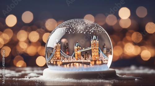 Close up of a snow globe with a cityscape of downtown London. City at night with snow on the ground and background with bokeh effect. Concept of winter, holiday season and Christmas.