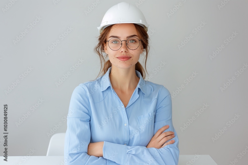 architect, Female Architect with White Safety Helmet, Blue Buttoned Shirt, Crossed Arms, Minimalistic Studio Background, Confident Expression, Professional Engineering Setting, Copy Space for Use
architect, Female Architect with White Safety Helmet, Blue Buttoned Shirt, Crossed Arms, Minimalistic Studio Background, Confident Expression, Professional Engineering Setting, Copy Space for Use