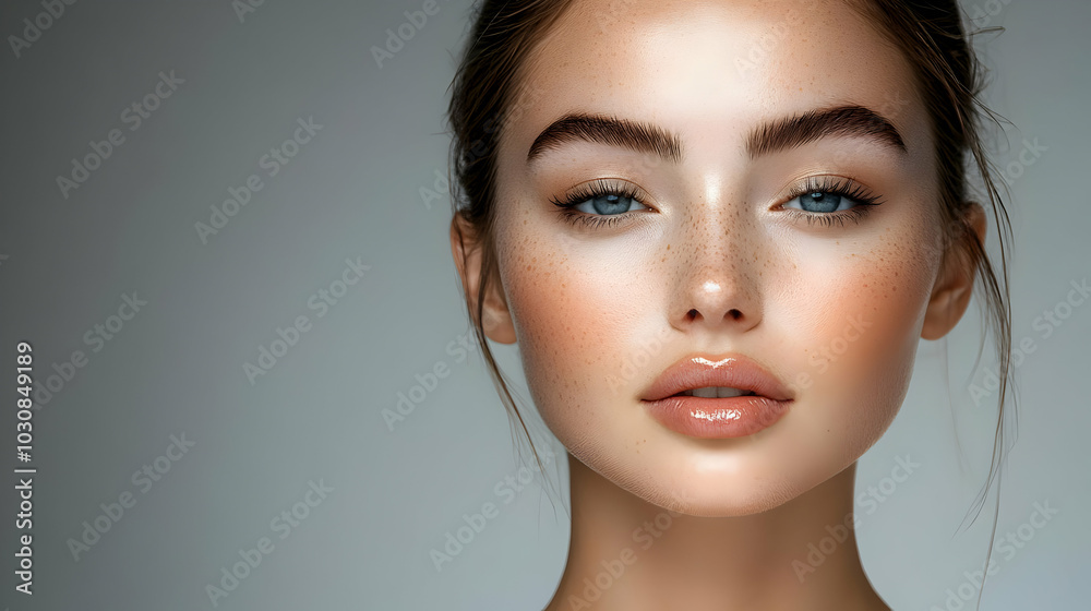 Close-up portrait of a young woman with natural makeup and freckles. Close-up portrait of a young woman with natural makeup and freckles.