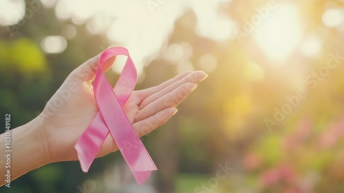 hand holding pink ribbon on blurred bokeh background. Breast cancer awareness concept.